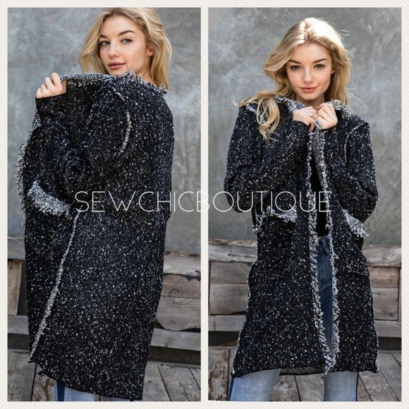 Black Fringe Accent Longline Tweed Cardigan - Picture 3 of 7